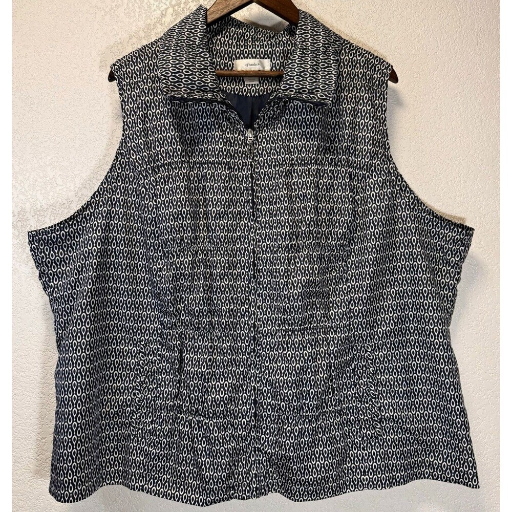 CJ Banks Women’s 3X Plus Black White Geometric Quilted Puffer Vest Full Zip